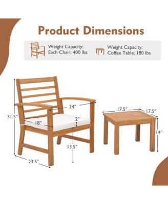 3 PCS Outdoor Furniture Set Acacia Wood Conversation Set with Soft Seat Cushions