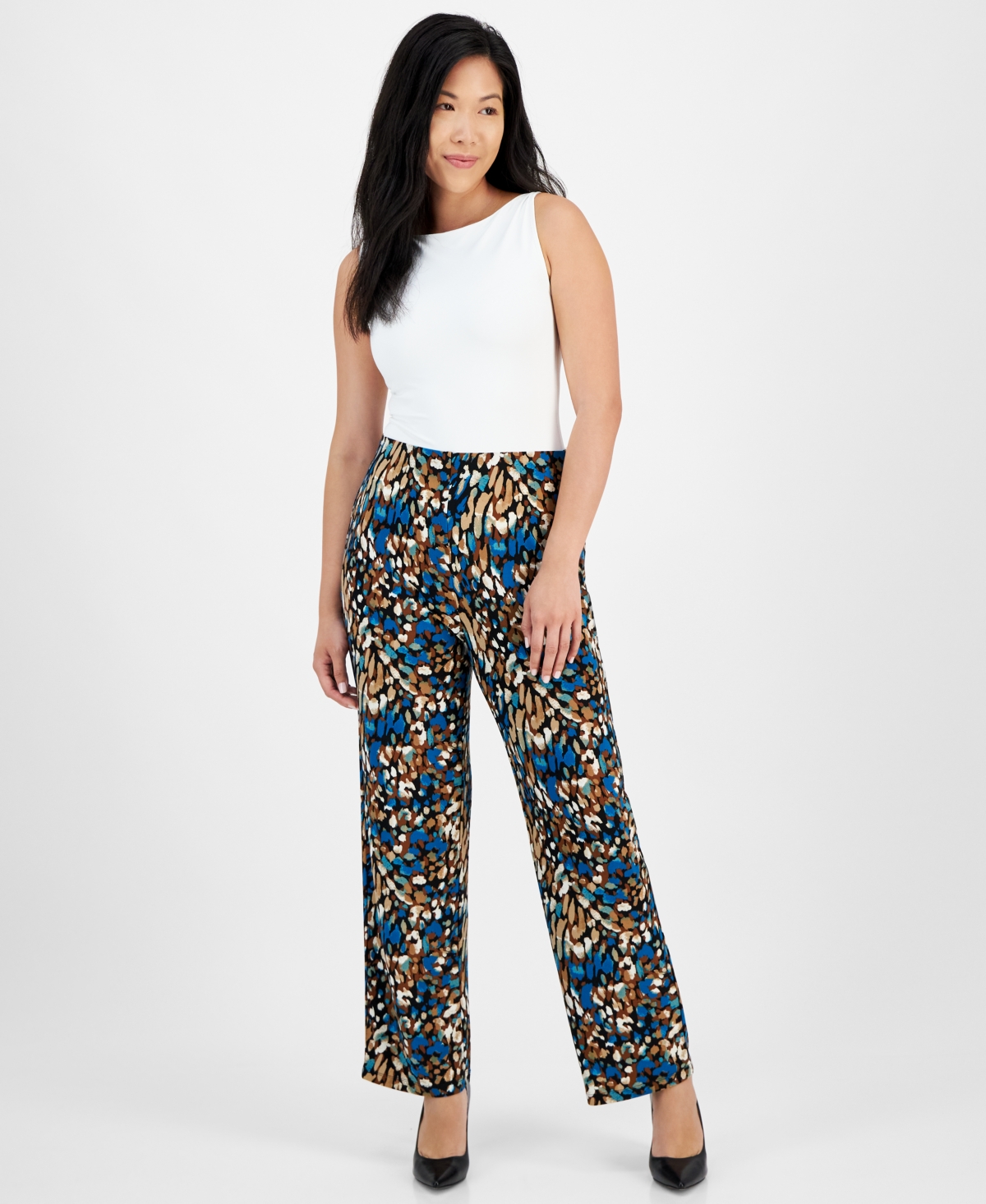 Ak Anne Klein Petite Printed Pull On Wide Leg Pants Multi Smart Closet