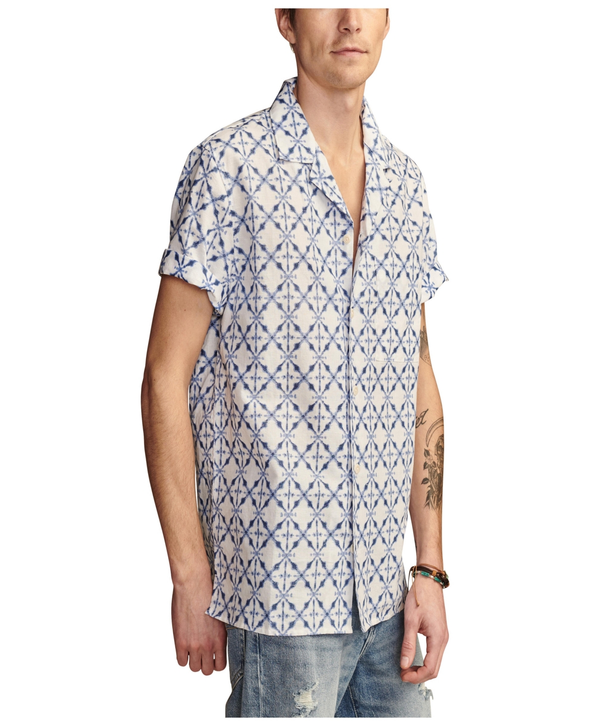 LUCKY BRAND MEN'S BATIK SHORT SLEEVE CAMP COLLAR SHIRT 