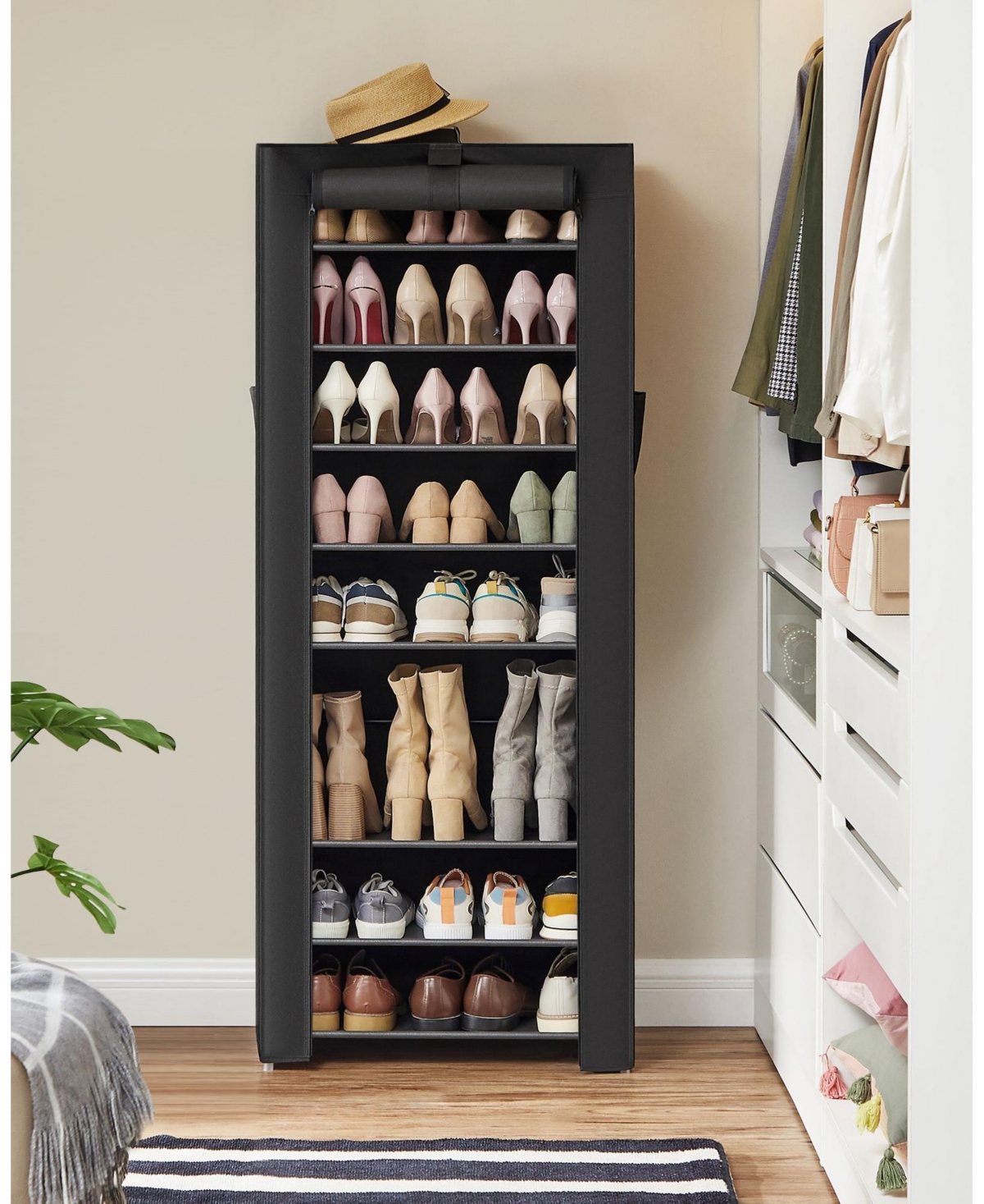 Slickblue 10-Tier Shoe Tower Rack with Cover 27-Pair Space Saving Shoe Storage Organizer