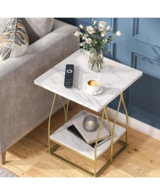 Side Table, Faux Marble End Table with 2 Tier Storage Shelf, Modern Square Accent Table for Living Room, Bedroom