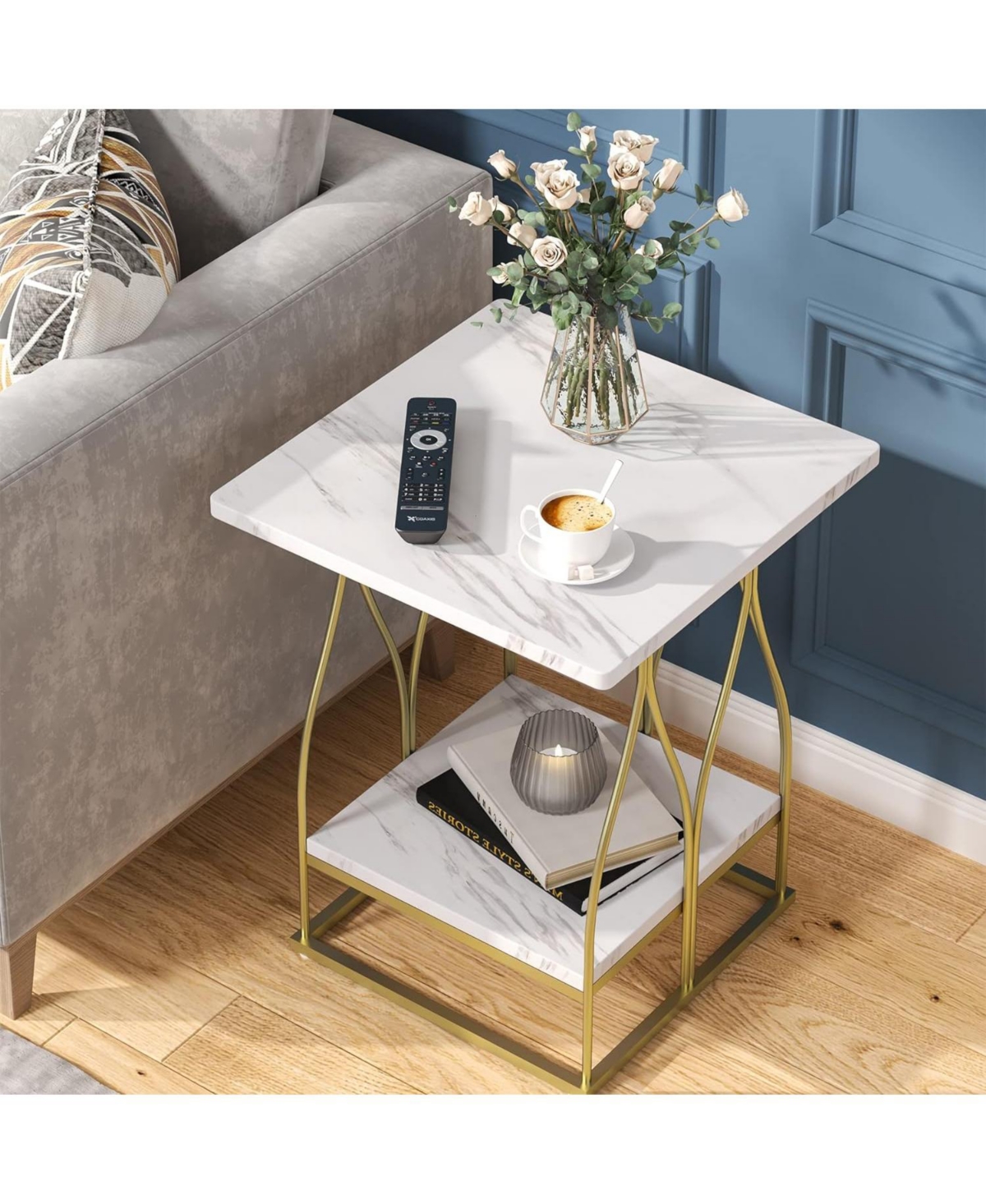 Tribesigns Side Table, Faux Marble End Table with 2 Tier Storage Shelf, Modern Square Accent Table for Living Room, Bedroom