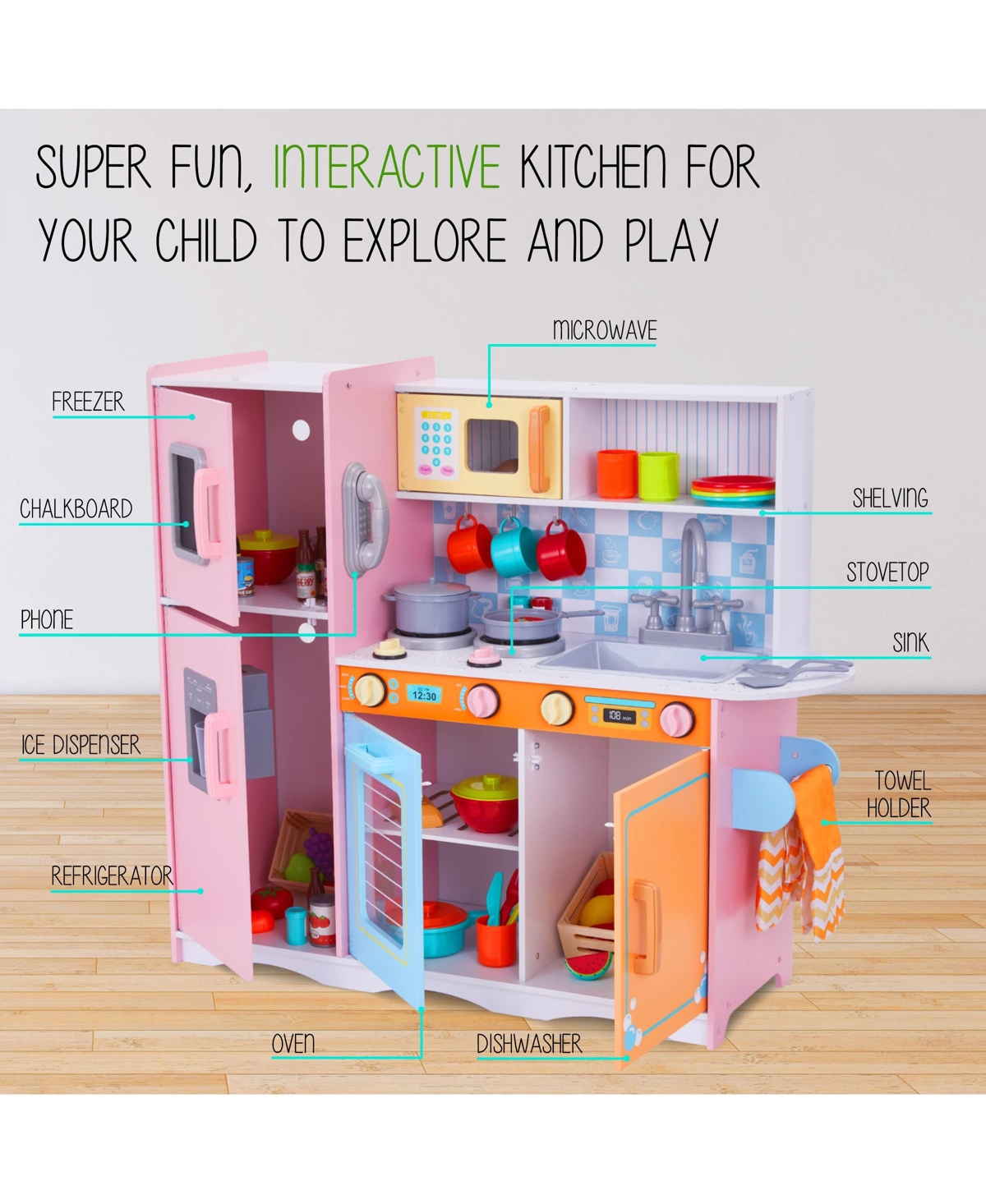 Lil' Jumbl Kids Kitchen Set, Wooden Pretend Play Kitchen -Colorful - Pink