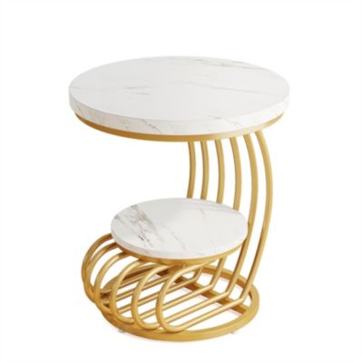 Round End Table: 2 Tiers Faux Marble Side Table with Storage Shelf, Bedside Nightstand, Metal Arc-Shaped Frame Accent Table