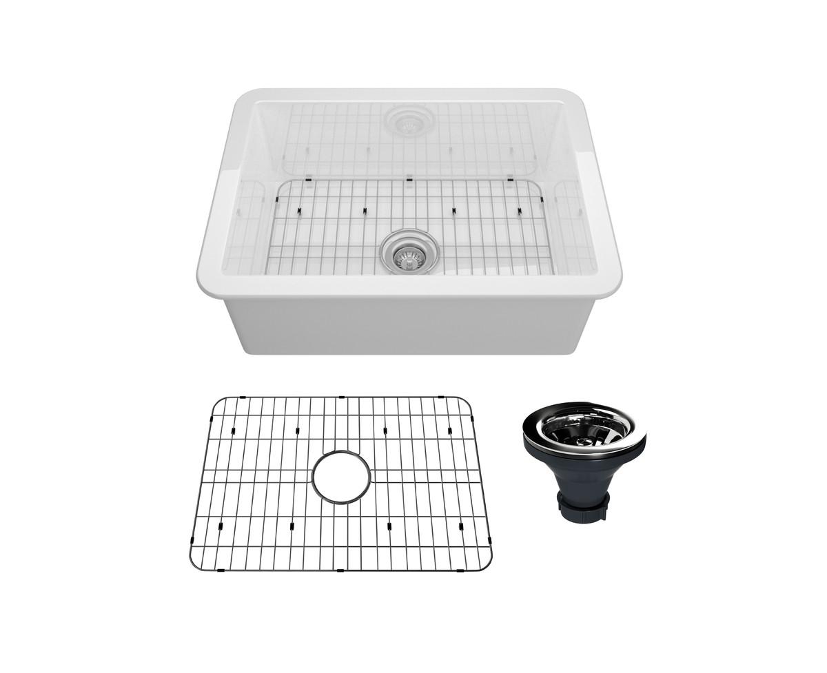 27" L x 19" W Undermount Single Bowl Fireclay Farmhouse Kitchen Sink with Sink Grid, Drain Assembly - White