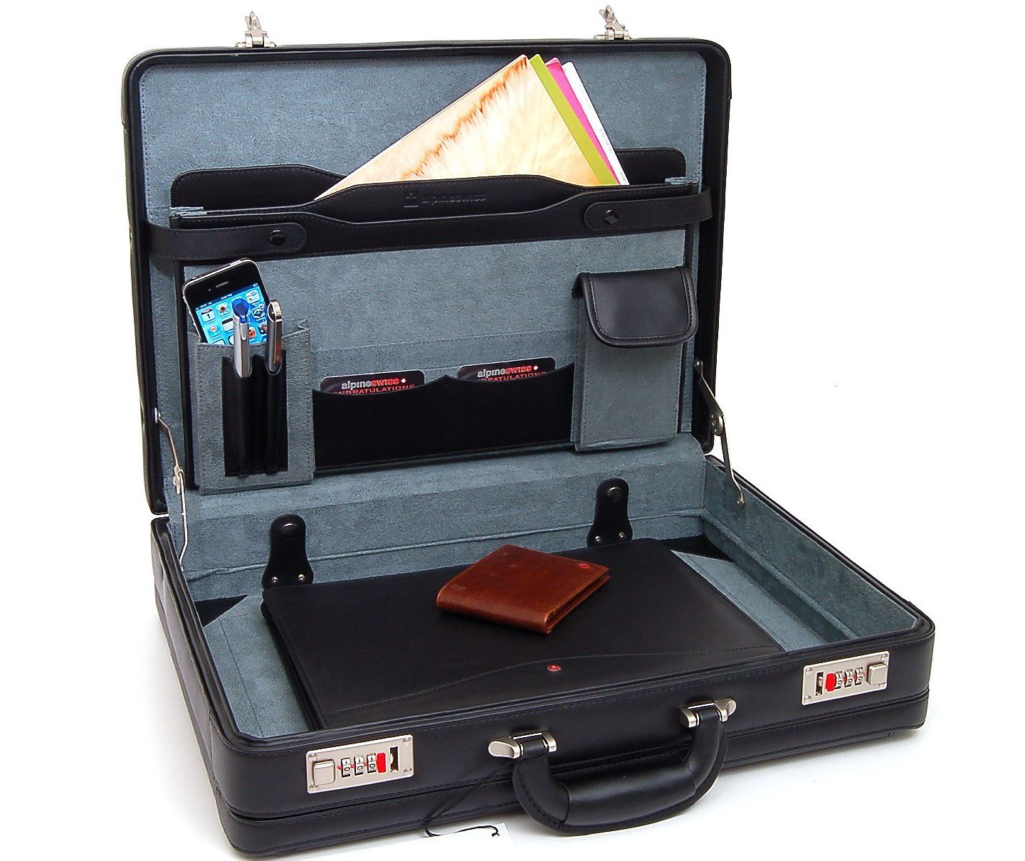 Мужская сумка Alpine Swiss Briefcase Expandable Genuine Leather Attache Briefcase For Men Dual Combination Lock Business Case, цвет: Чёрный — фото 6