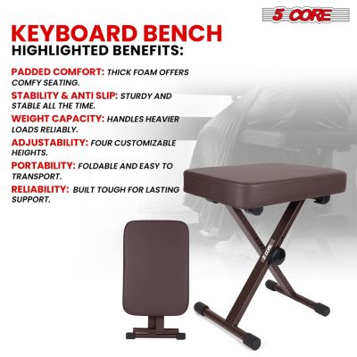 Keyboard Bench 3" Padded Cushioned Piano Stool Height Adjustable Guitar Seat Folding Portable - KBB BR HD