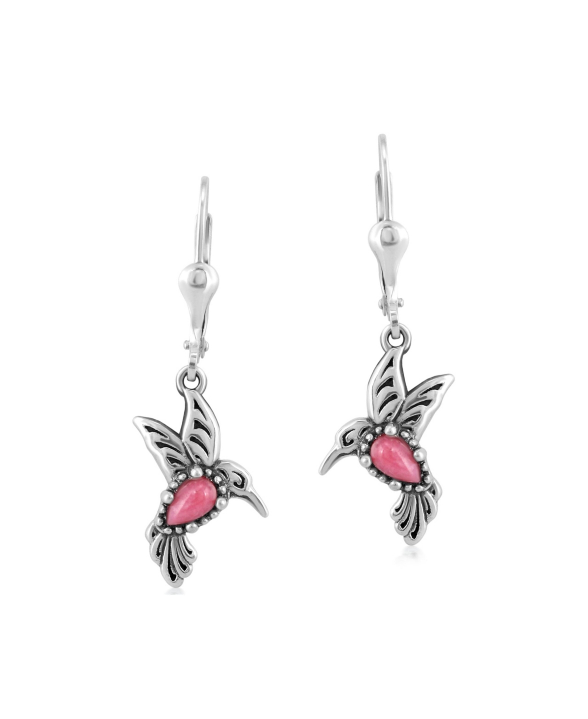 Sterling Silver Women's Drop & Dangle Earrings Genuine Gemstone Hummingbird Design - Rhodonite