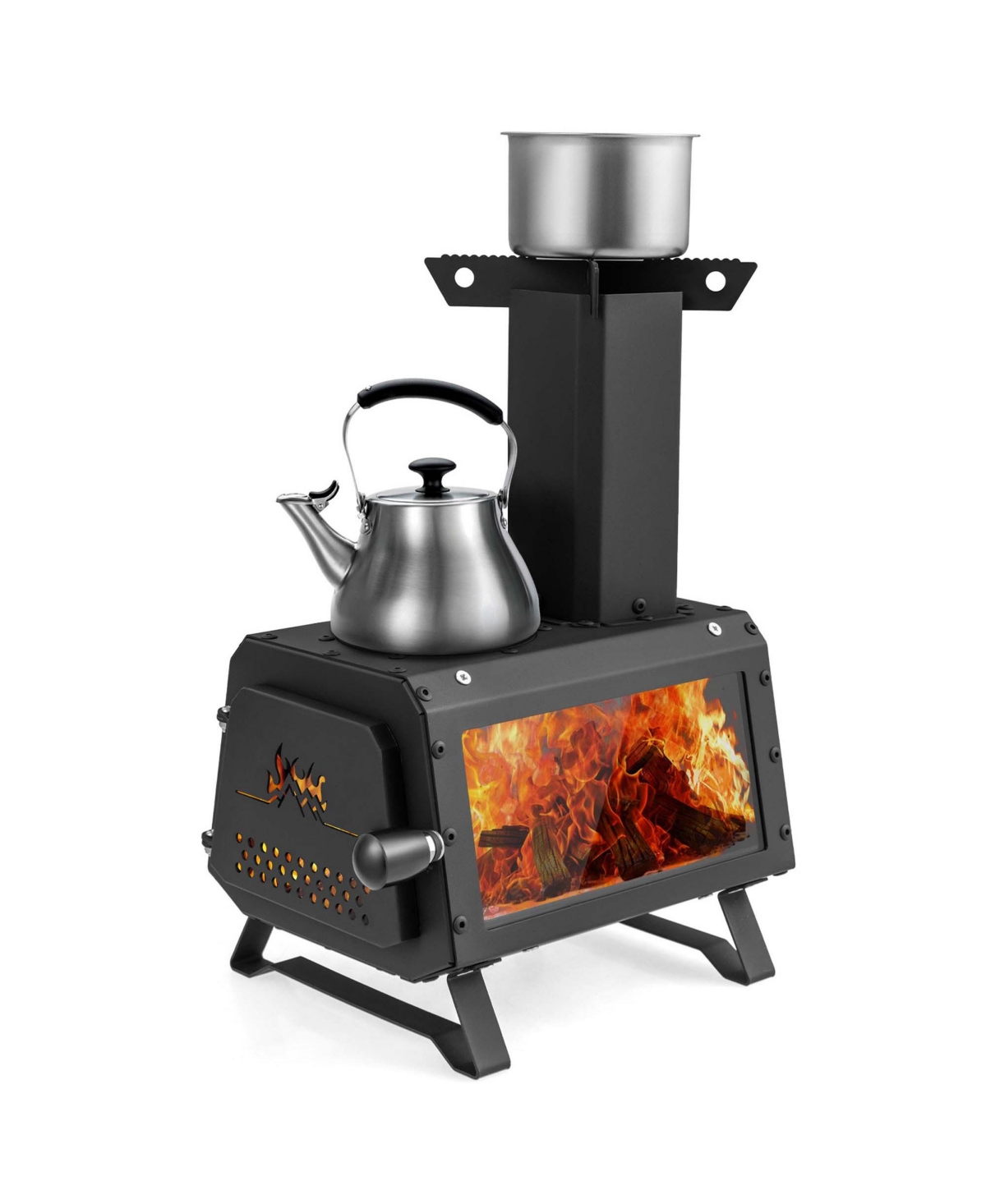 Portable Wood Burning Stove Wood Camping Stove Heater with 2 Cooking Positions - Black
