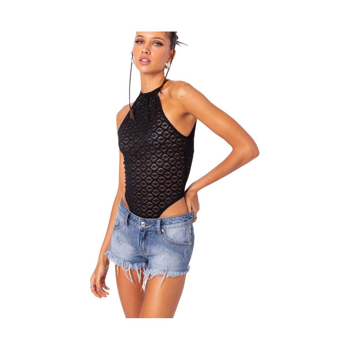 Edikted Women's Sheer Lace Open Back Bodysuit
