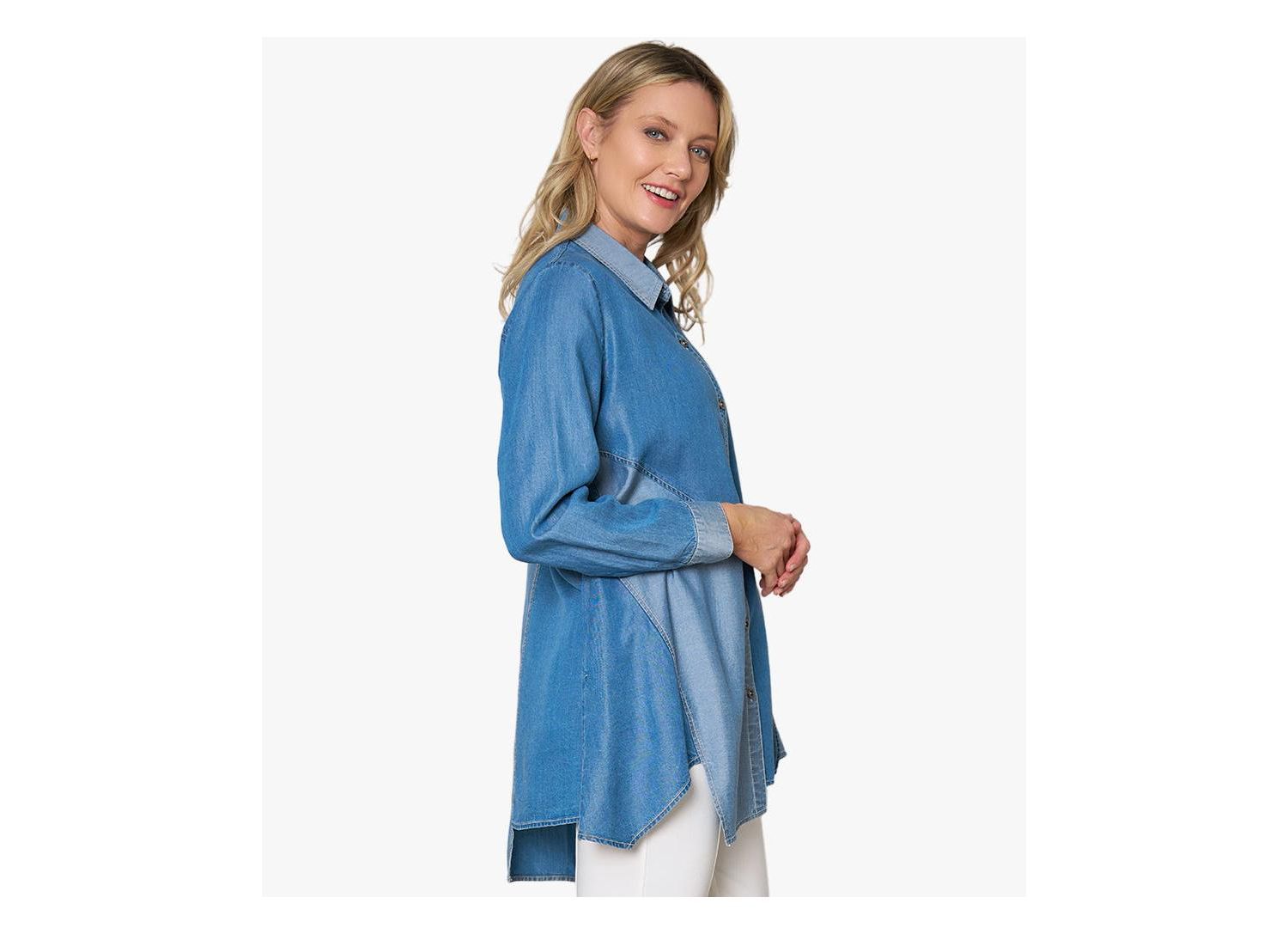 Women's Asymmetrical Denim Button-Front Shirt Top Crossroads Tunic