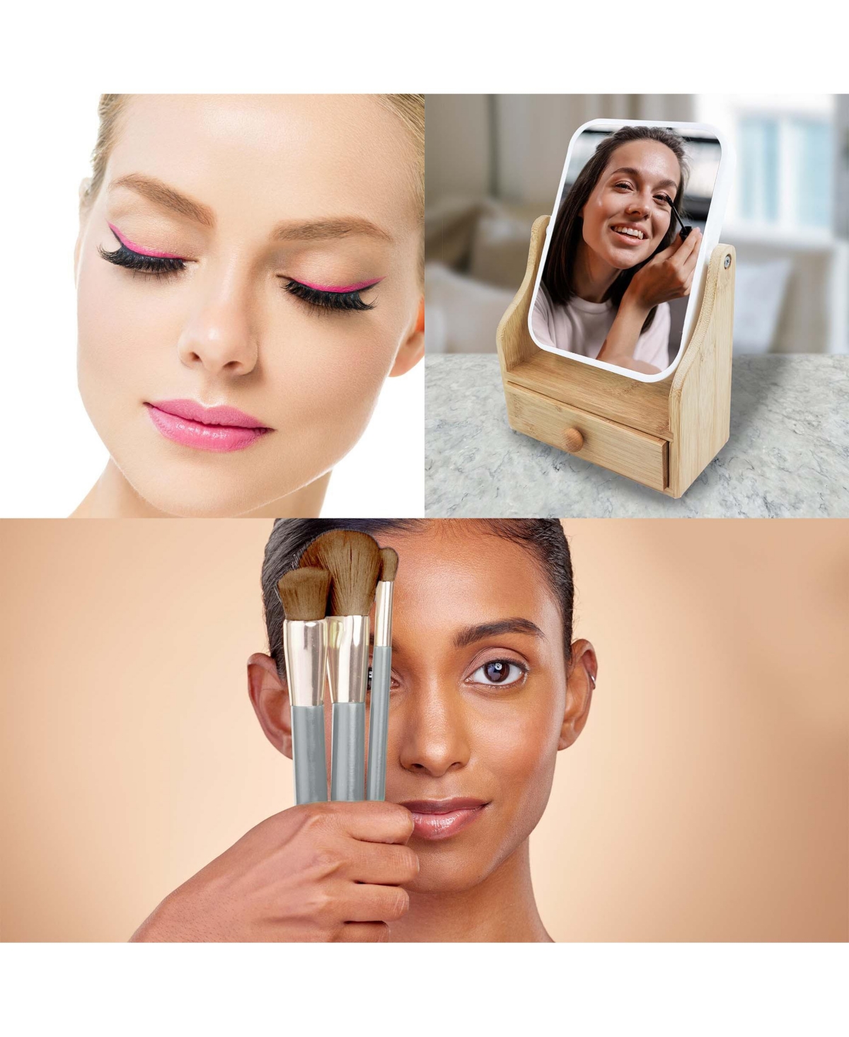 Pursonic Glamour Essentials Bundle: Studio Makeup Brush Set, False Eyelashes Extensions (5 pairs per pack) and Dual-Sided Vanity Mirror - Assorted Pre