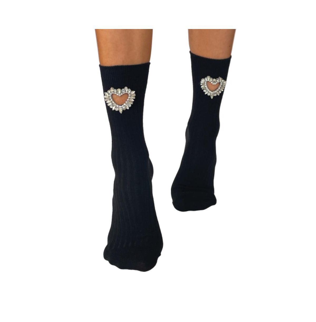 Women's Crystal Heart Crew Socks - Black