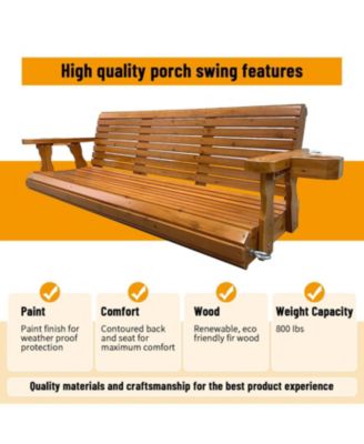 Wooden Porch Swing 3-Seater, Bench Swing with Cupholders, Hanging Chains and 7mm Springs, Heavy Duty 800 LBS, for Outdoor Patio Garden Yard