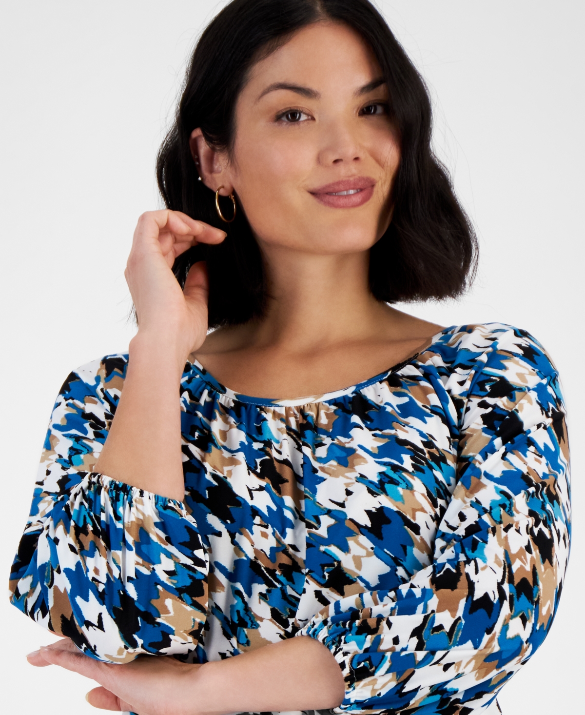 Ak Anne Klein Petite Printed Shirred Scoop-Neck Top