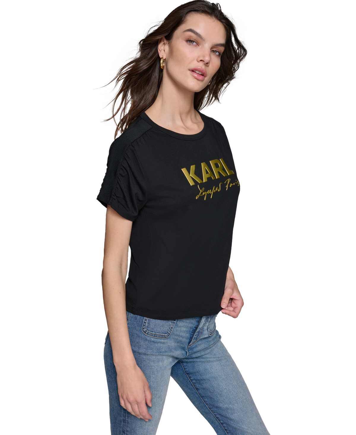 Karl Lagerfeld Paris Women's Metallic-Logo Ruched-Sleeve T-Shirt
