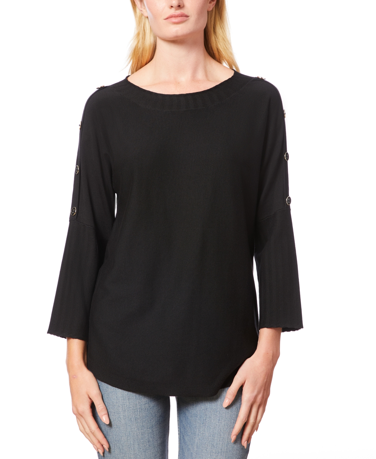 Women's Dolman-Sleeve Wavy-Ribbed Sweater - Jet Black