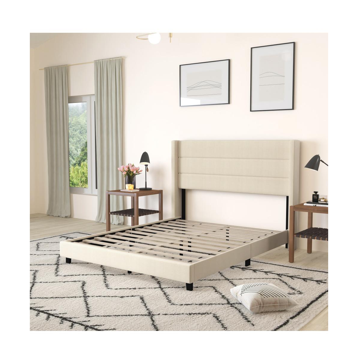 Percy Modern Platform Bed With Padded Channel Stitched Upholstered Wingback Headboard