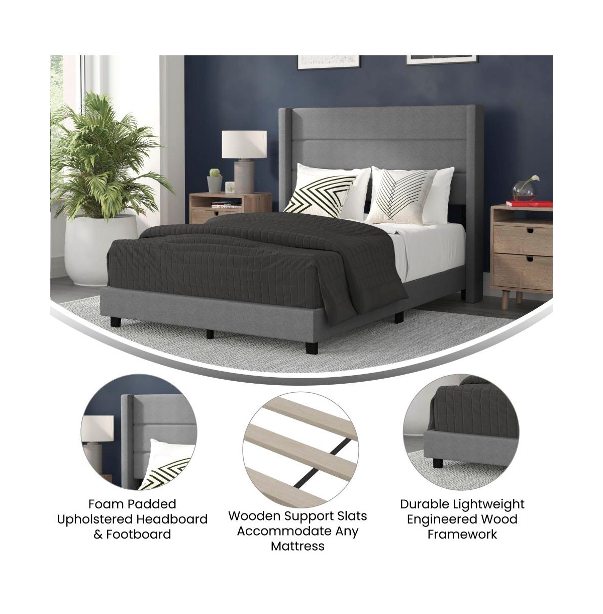 Merrick Lane Percy Modern Platform Bed With Padded Channel Stitched Upholstered Wingback Headboard And Underbed Clearance
