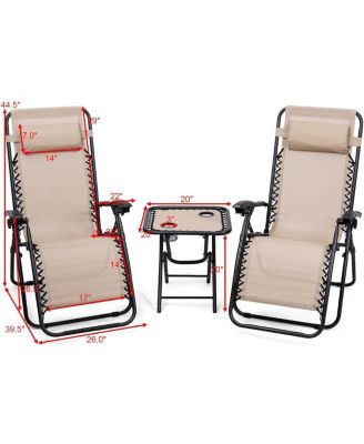 3 Pieces Folding Portable Zero Gravity Reclining Lounge Chairs Table Set Outoor Conversation Sets
