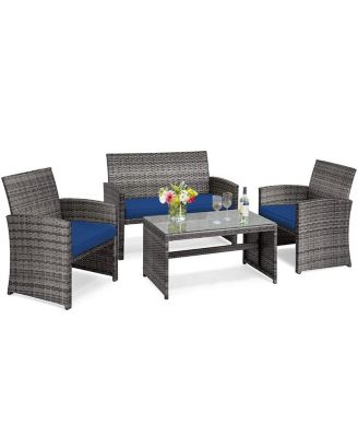 4 Pieces Patio Rattan Furniture Set with Glass Table and Loveseat