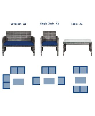 4 Pieces Patio Rattan Furniture Set with Glass Table and Loveseat