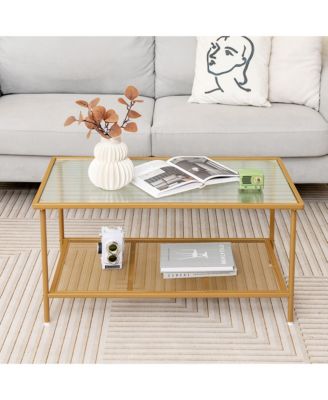 2-Tier Coffee Table with Shelf with Tempered Glass Top & Metal Frame Living Room