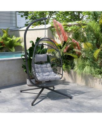 Riley Foldable Woven Hanging Egg Chair With Removable Cushion And Stand For Indoor And Outdoor Use