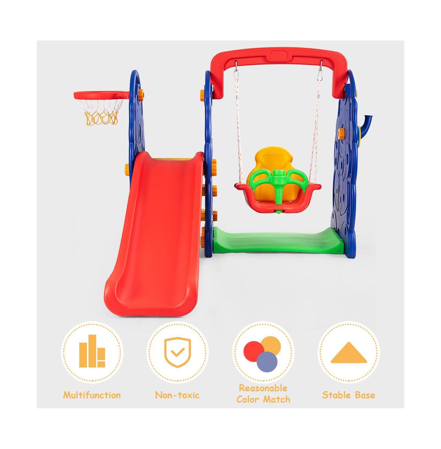 Детские игрушки VEBREDA 3-in-1 Freestanding Basketball Hoop Climber Slide Swing Set, 66 lb. Capacity, Ages 12 months+ — фото 8