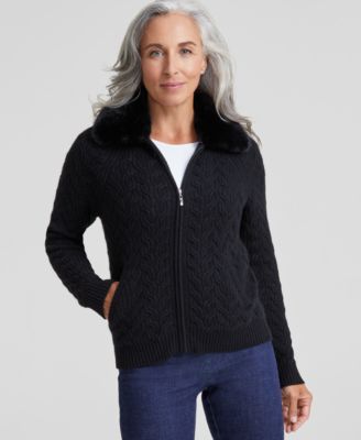 Charter Club - Women's Cashmere Faux-Fur-Collar Cable-Knit Jacket