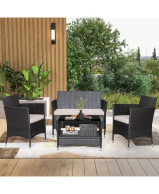 4 Pieces Patio Conversation Set with Soft Cushions and Tempered Glass Tabletop