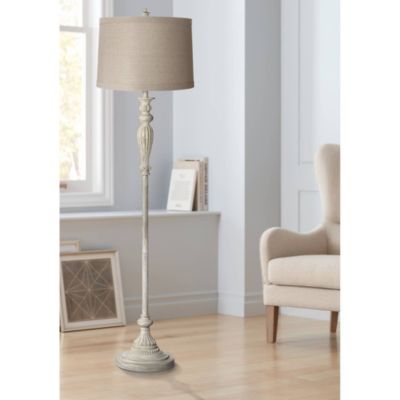 Traditional Vintage like Shabby Chic Standing Floor Lamp 60" Tall Antique White Washed Natural Linen Fabric Tapered Drum Shade Decor for Living Room Reading House Bedroom Home - 360 Lighting