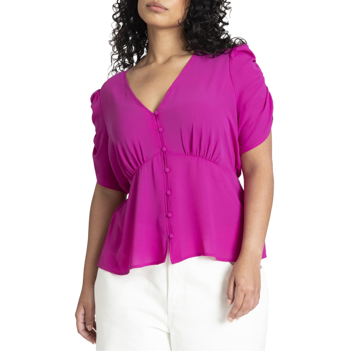 Plus Size Shirred Sleeve Top With Buttons - Berry