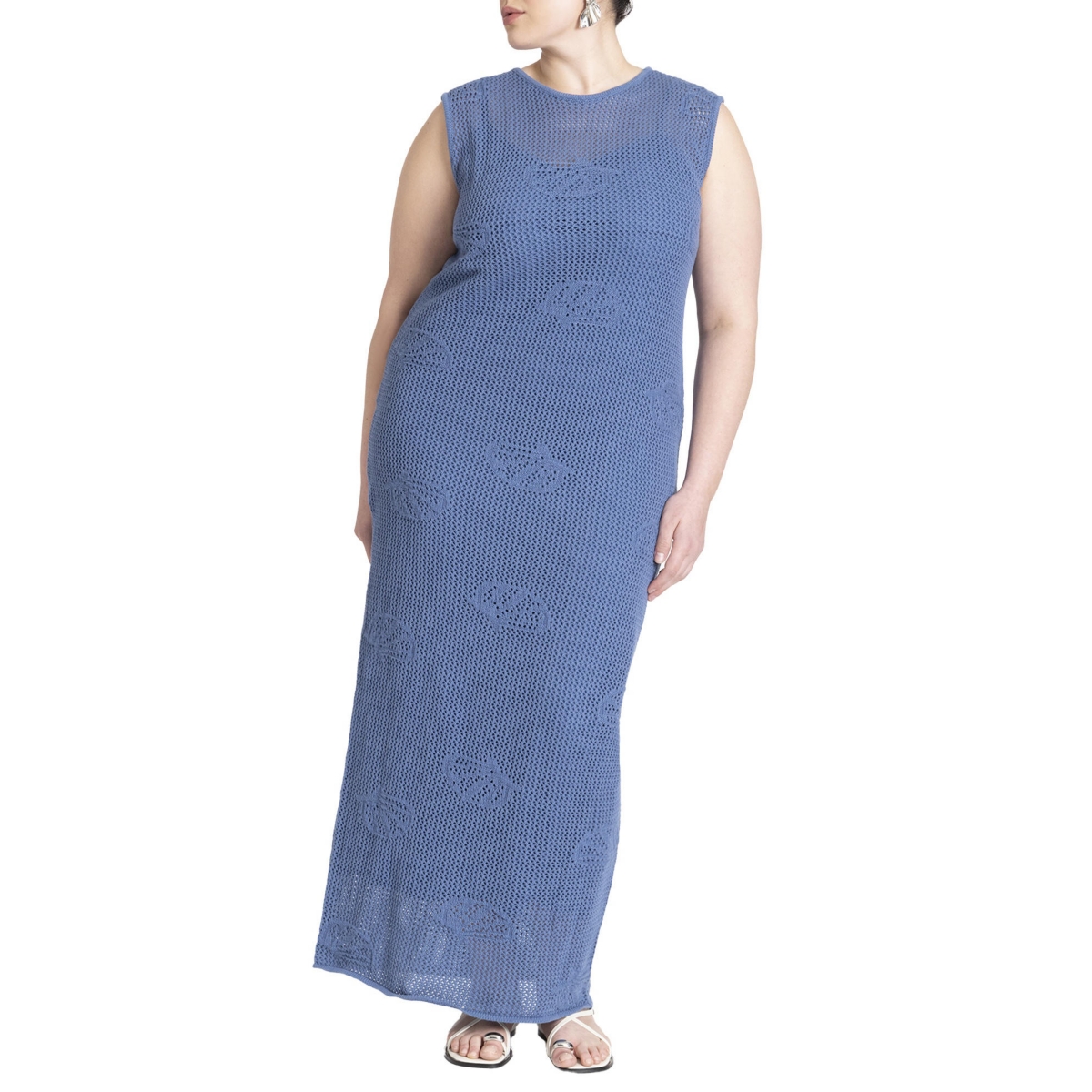 Plus Size Shell Crochet Sweater Dress - Blue shadow