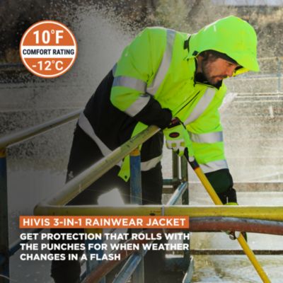 Men's HiVis 3-in-1 Rainwear Jacket - High Visibility, Waterproof, Breathable, Reflective Safety Coat with Removable Liner