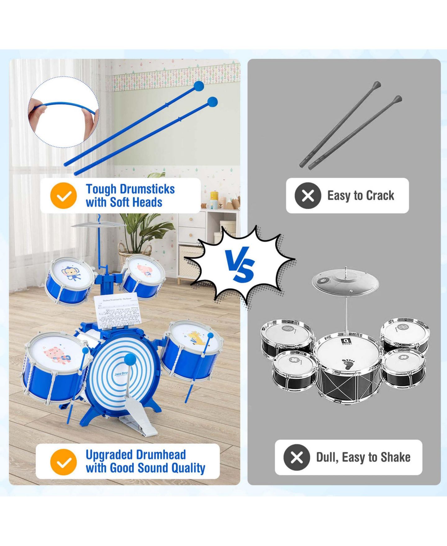 Детские игрушки Costway Kids Percussion 5-Piece Drum Set, Ages 3+, цвет: Синий — фото 8