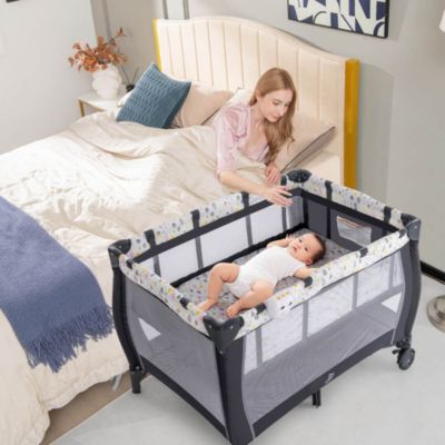 Kids Portable Playard Nursery Center Crib with Hanging Toys & Music Box