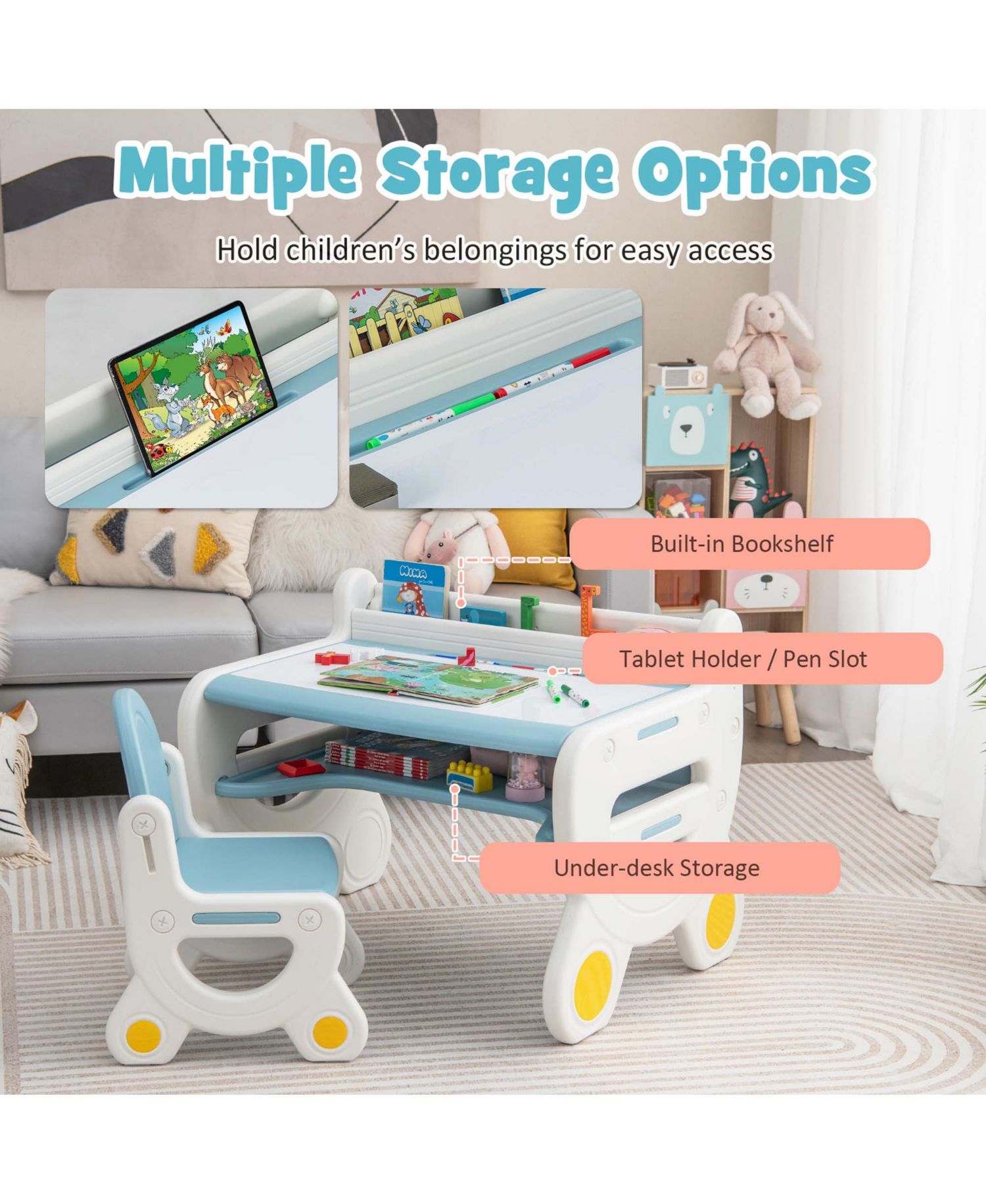Kids' Erasable Drawing Table and Chair with Storage, 2-Piece Set