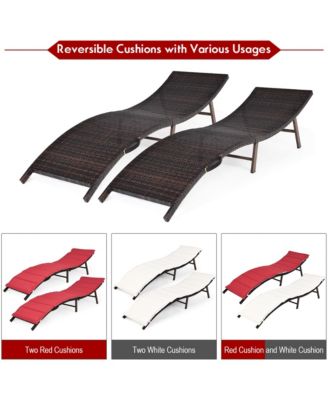 2PCS Patio Rattan Folding Lounge Chair Stackable Double Sided Cushion Outdoor