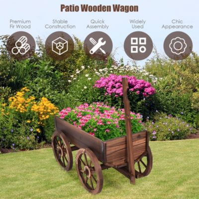 Wood Wagon Flower Planter Pot Stand With Wheels