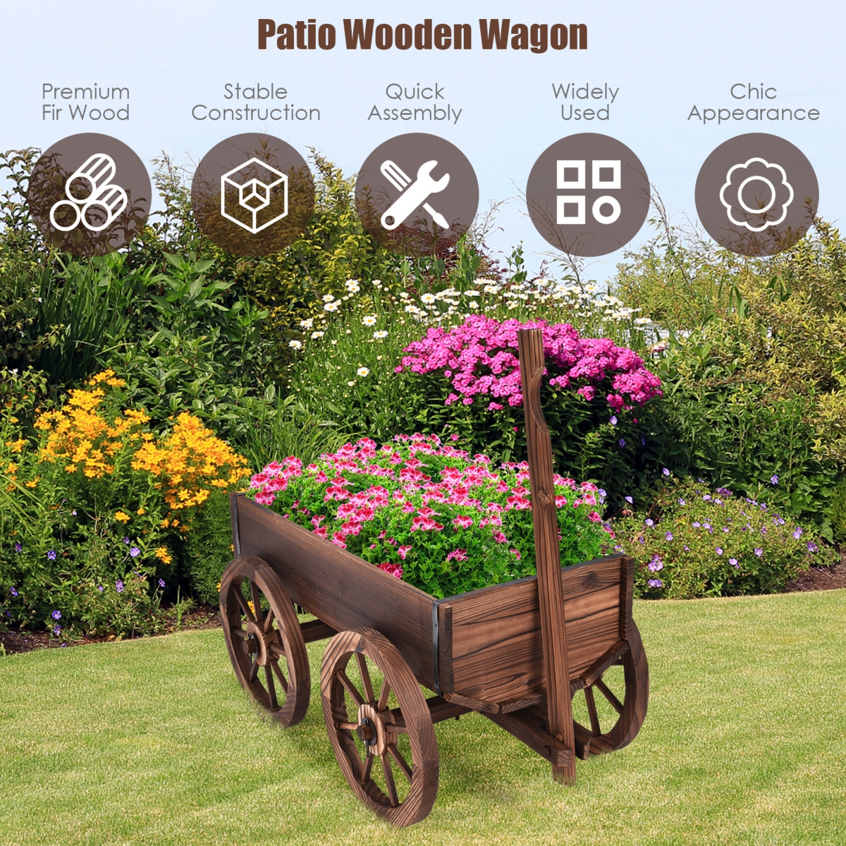 Wood Wagon Flower Planter Pot Stand W/Wheels