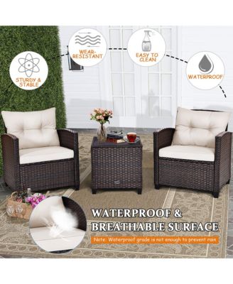 3PCS Patio Rattan Furniture Set Cushioned Sofa Coffee Table Garden