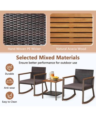 3 PCS Patio Rattan Rocking Chair Bistro Set Armrest Cushion Table with Storage Shelf