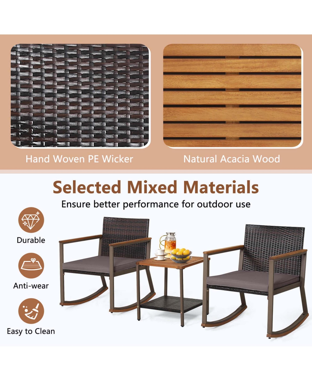 Costway 3 Pcs Patio Rattan Rocking Chair Bistro Set Armrest Cushion Table with Storage Shelf