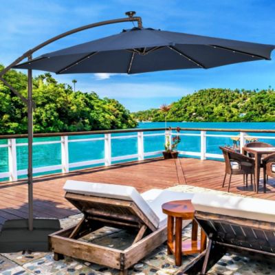 Patio 10FT Hanging Offset Umbrella 32 LED Lights Sand Bag Outdoor Cross Base