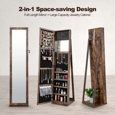 Mirrored Jewelry Cabinet Armoire Lockable Standing Storage Organizer with Shelf