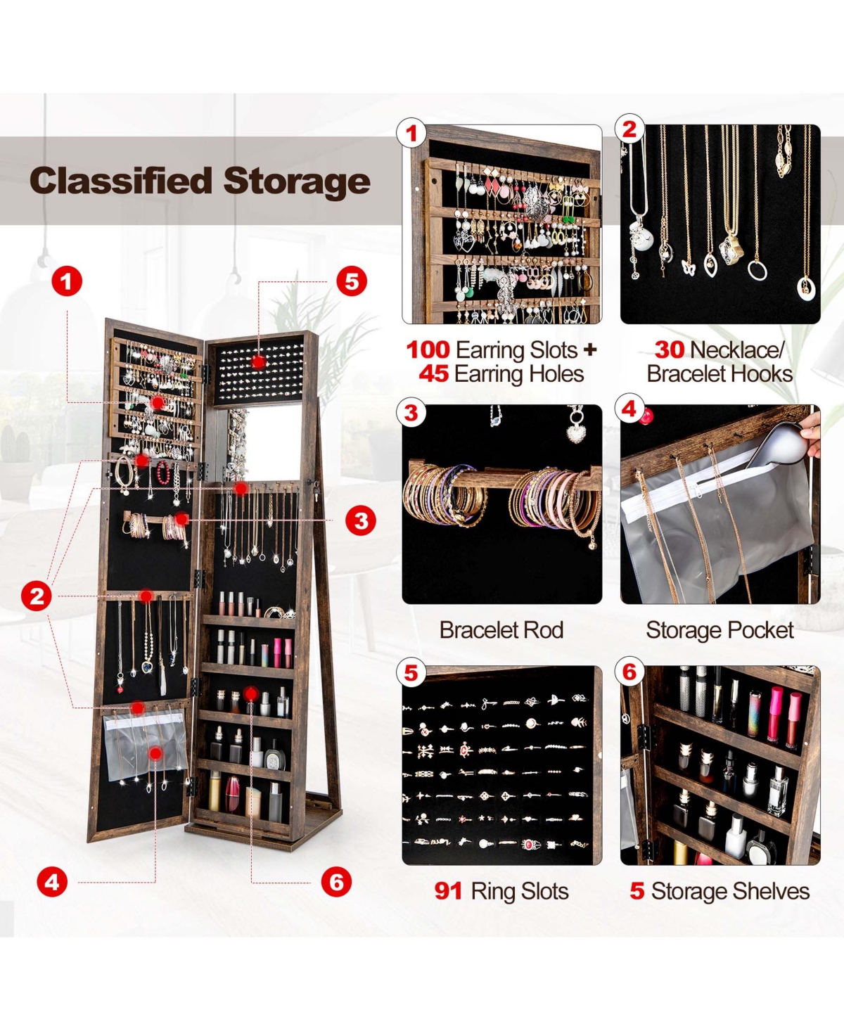 Costway Mirrored Jewelry Cabinet Armoire Lockable Standing Storage Organizer with Shelf