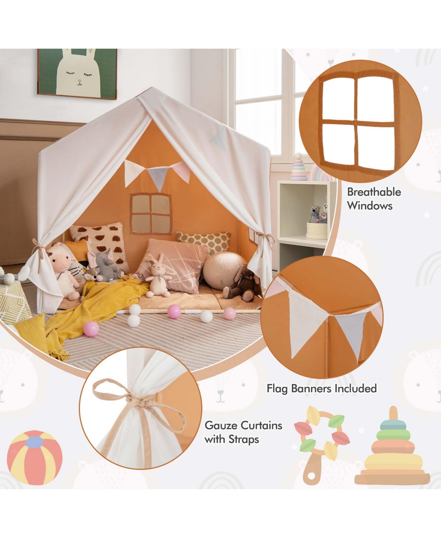 Kids' Castle Play Tent with Solid-Wood Frame and Washable Mat