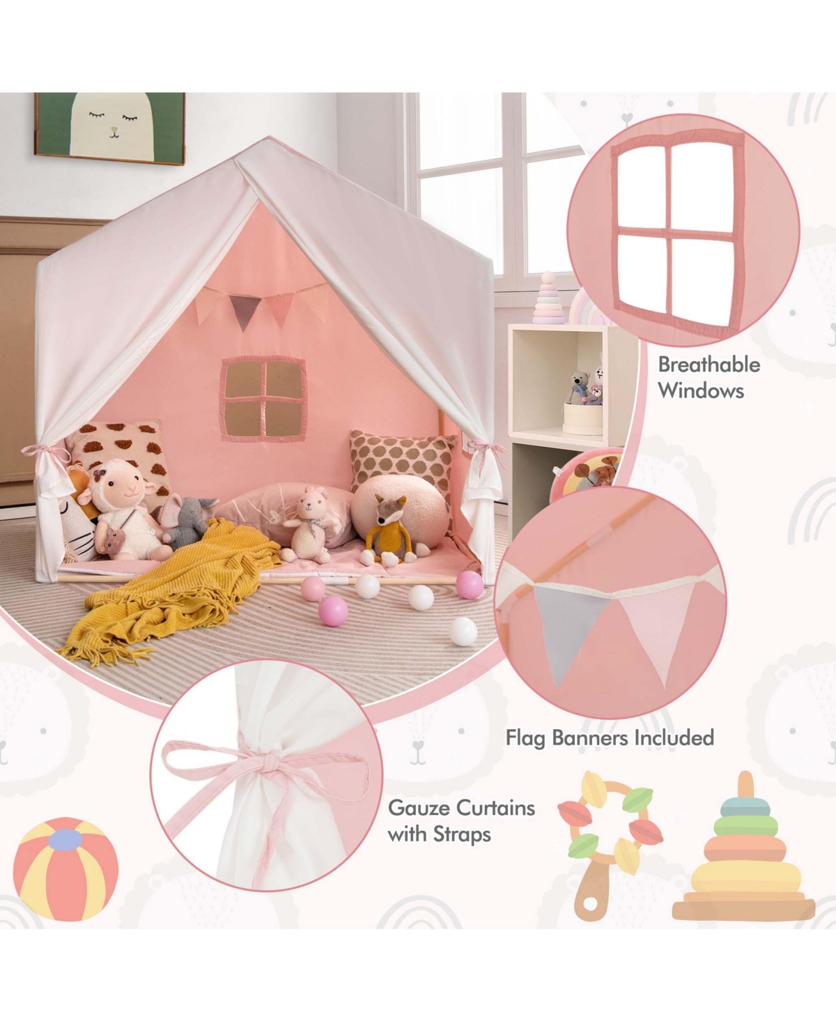 Kid's Play Tent Toddler Playhouse Castle Solid Wood Frame with Washable Mat