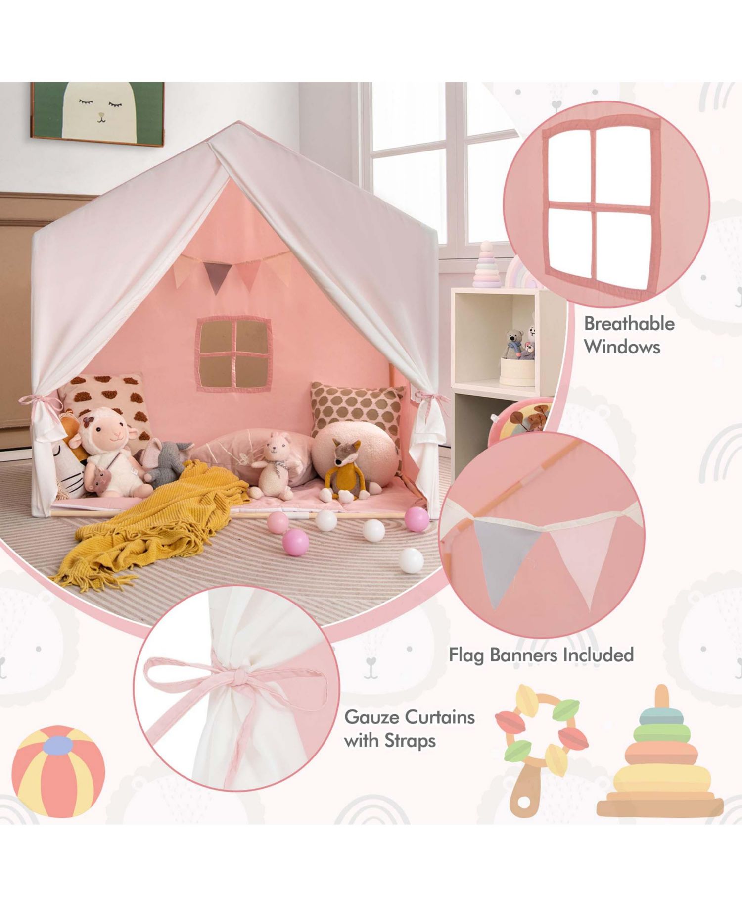 Kids' Castle Play Tent with Solid-Wood Frame and Washable Mat